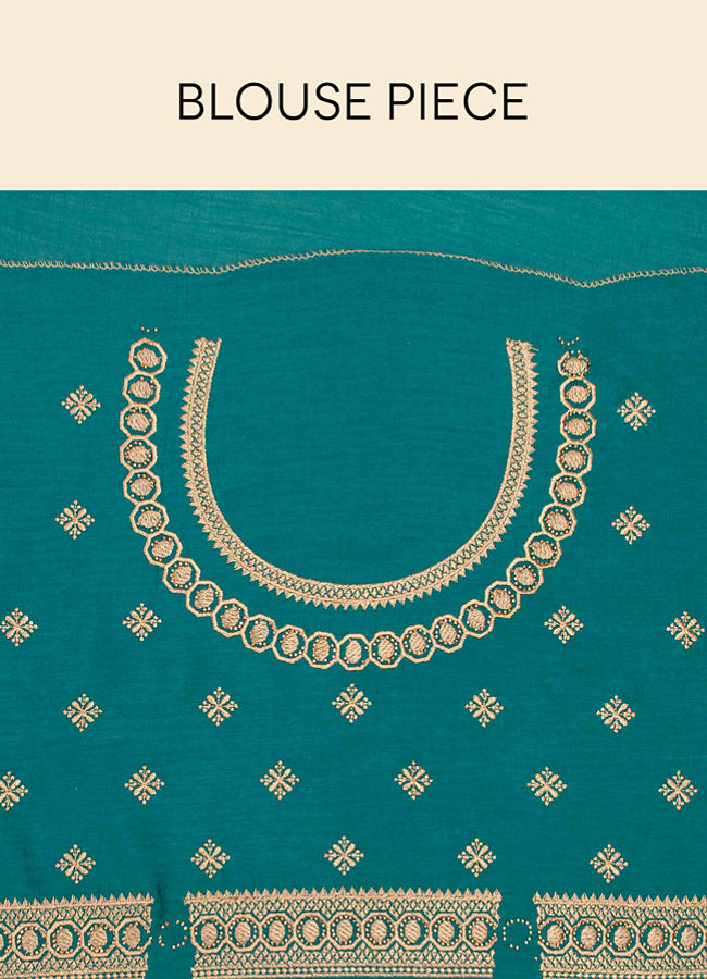 Teal Green Saree with Geometrical Patterned Borders image number 5